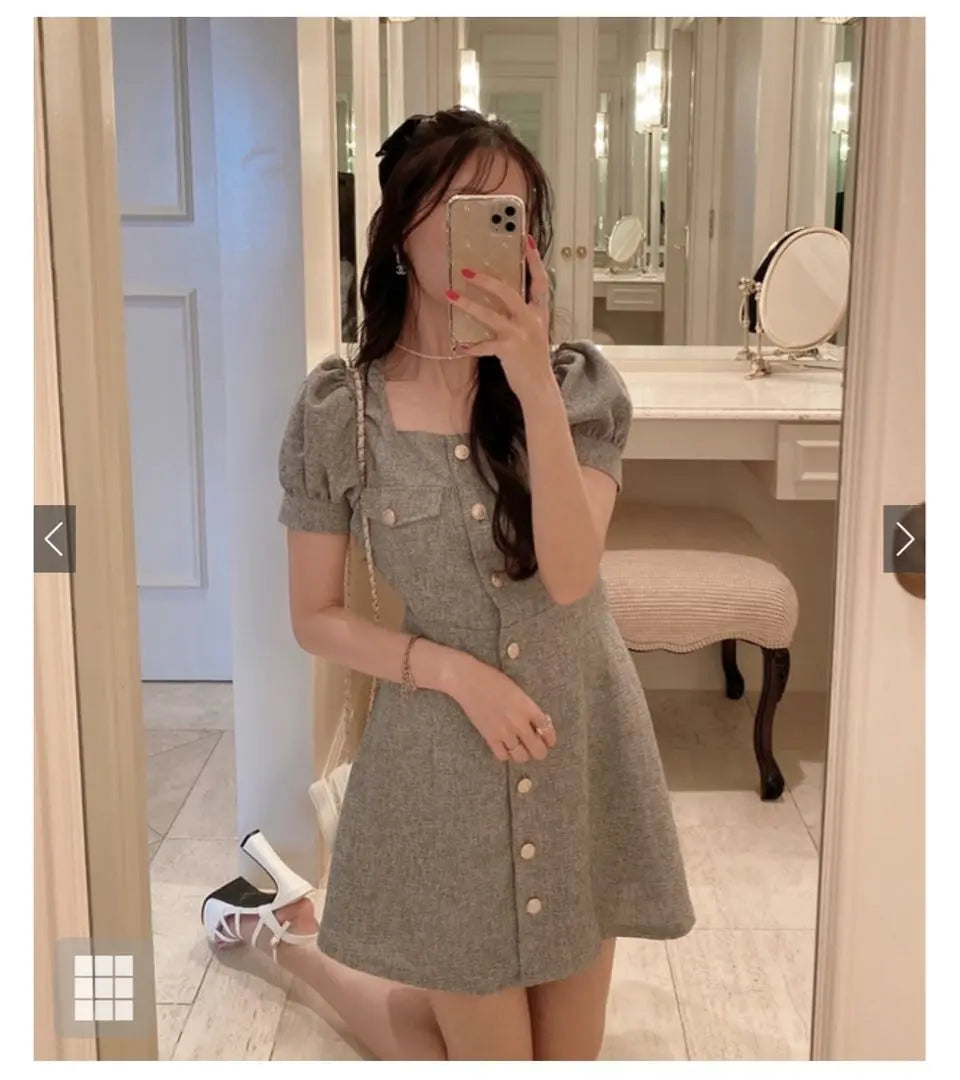 Grey button mini dress with short sleeves