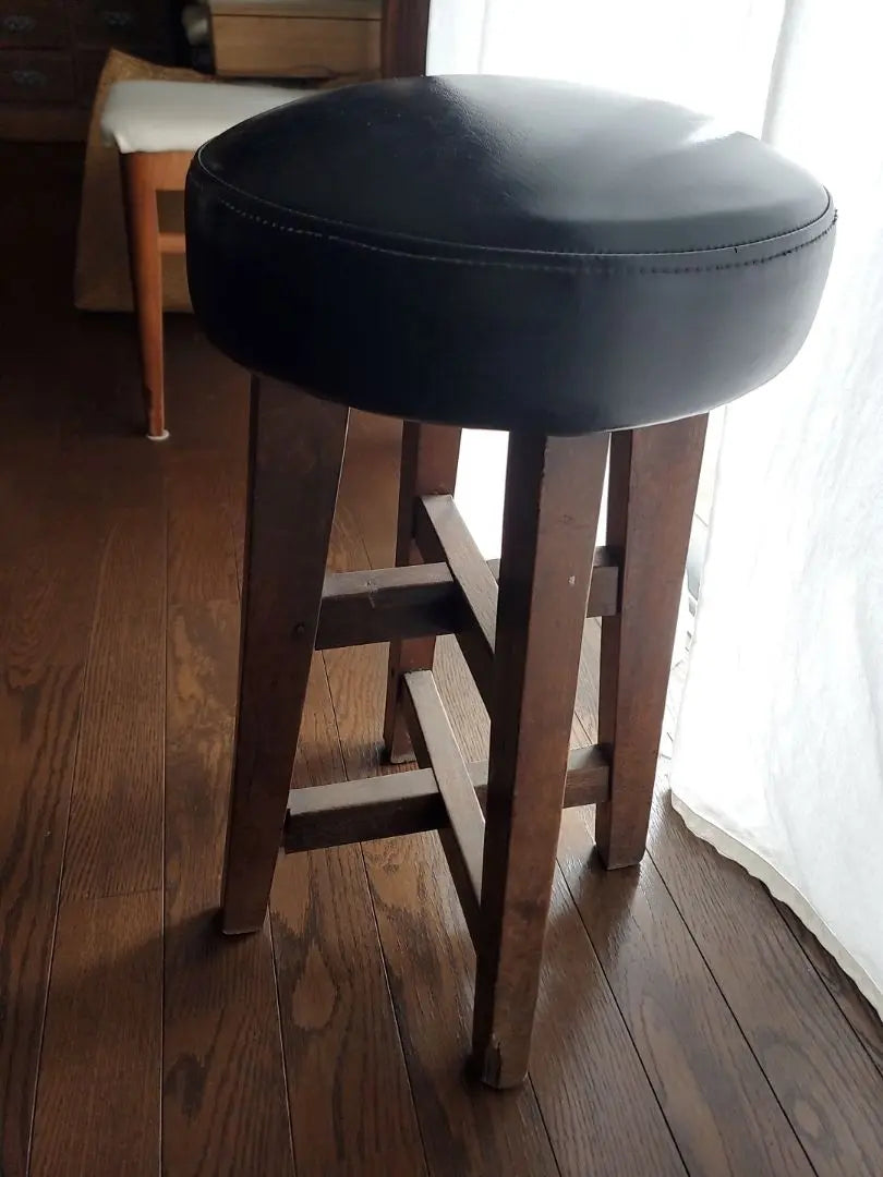 Stool, round chair, genuine leather, black, black