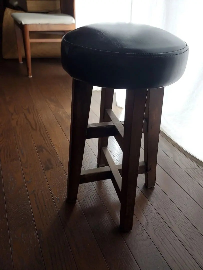 Stool, round chair, genuine leather, black, black