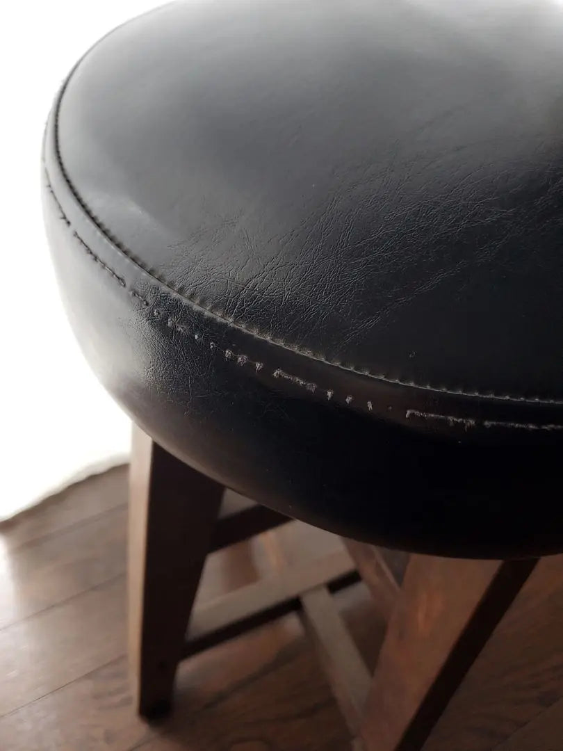 Stool, round chair, genuine leather, black, black