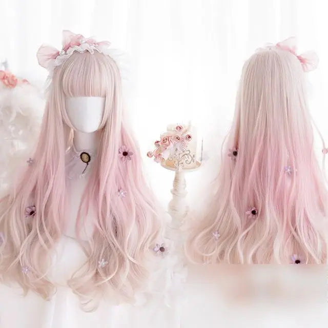 Harajuku-style full wig, long curl, milk tea pink, gradient, dreamy