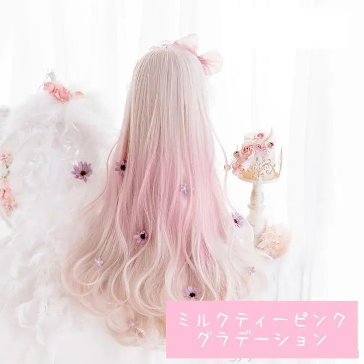 Harajuku-style full wig, long curl, milk tea pink, gradient, dreamy