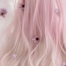 Harajuku-style full wig, long curl, milk tea pink, gradient, dreamy