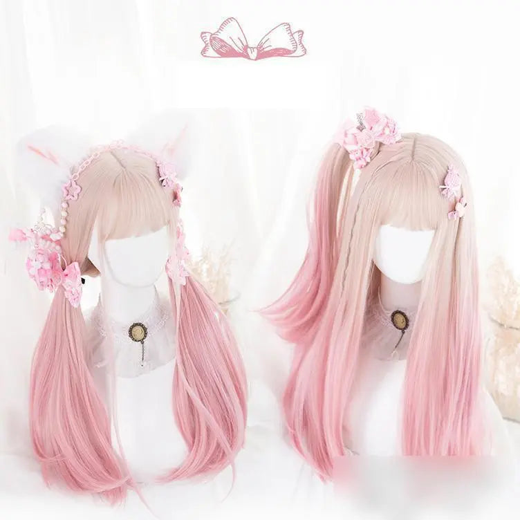 Harajuku-style full wig, long curl, milk tea pink, gradient, dreamy