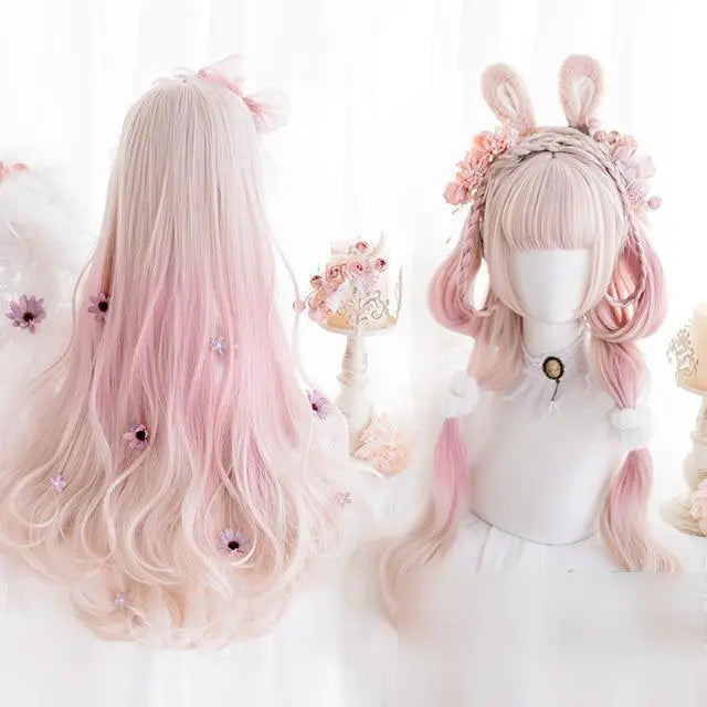 Harajuku-style full wig, long curl, milk tea pink, gradient, dreamy