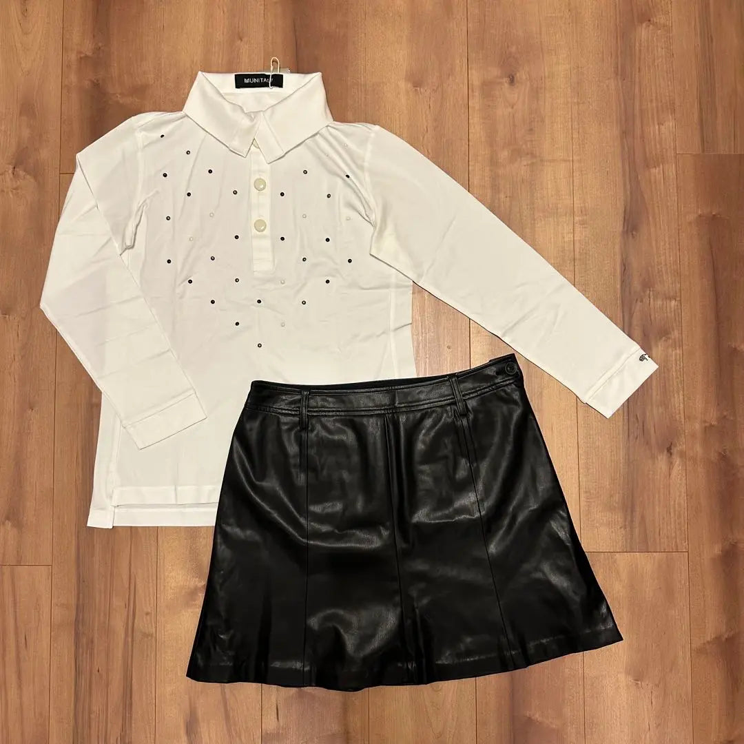 Long sleeve polo shirt, faux leather skirt, set-up, size L, high neck