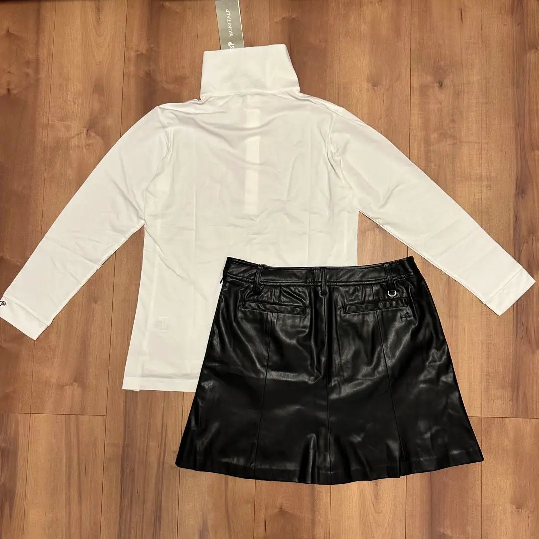 Long sleeve polo shirt, faux leather skirt, set-up, size L, high neck