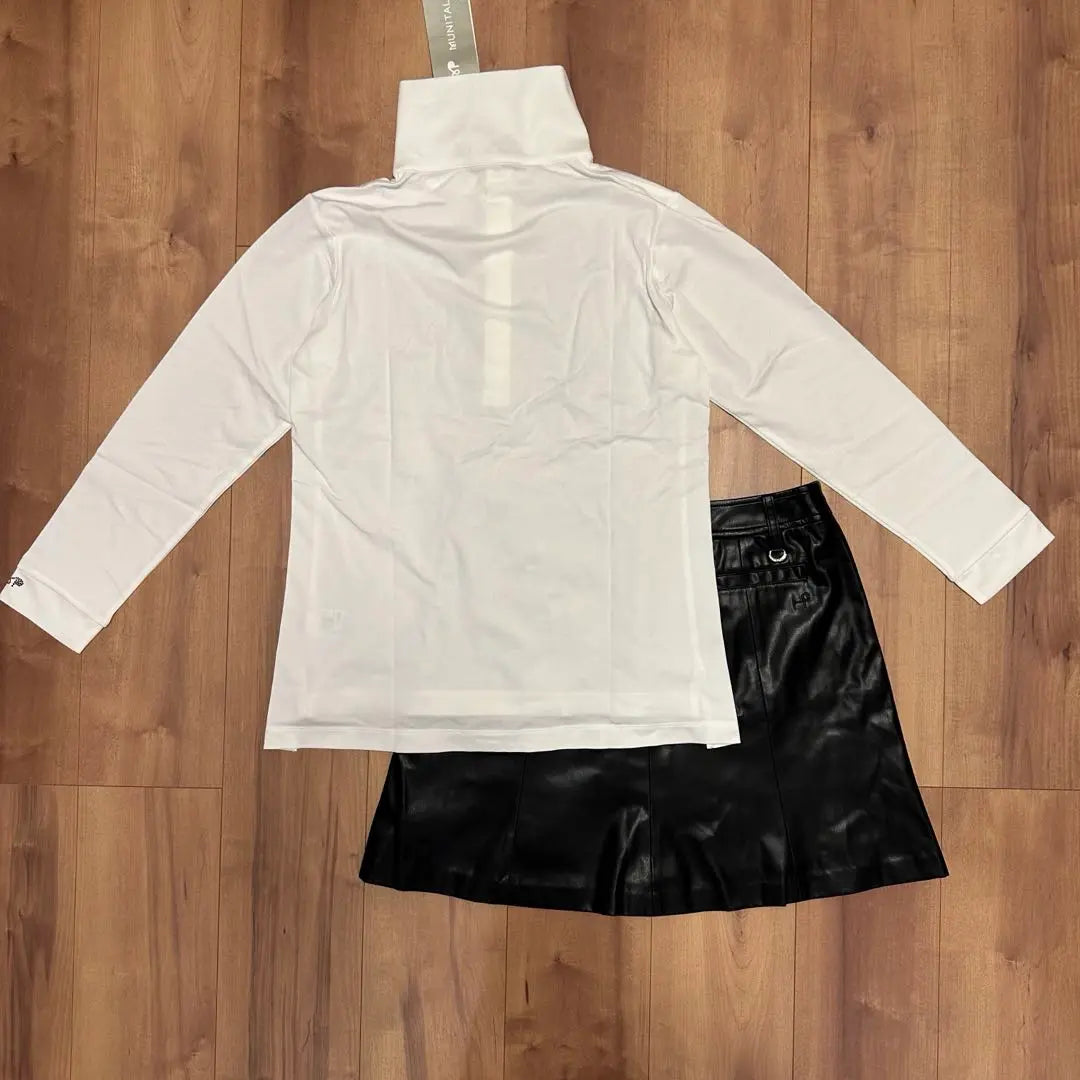 Long sleeve polo shirt, faux leather skirt, set-up, size L, high neck