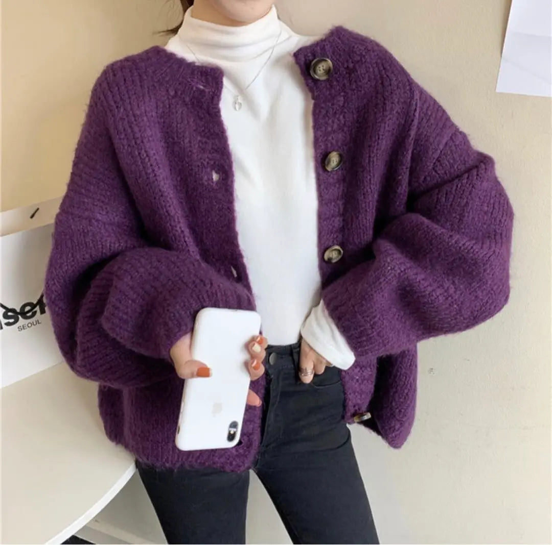 Women's Oversized Knit Cardigan Purple One Size F