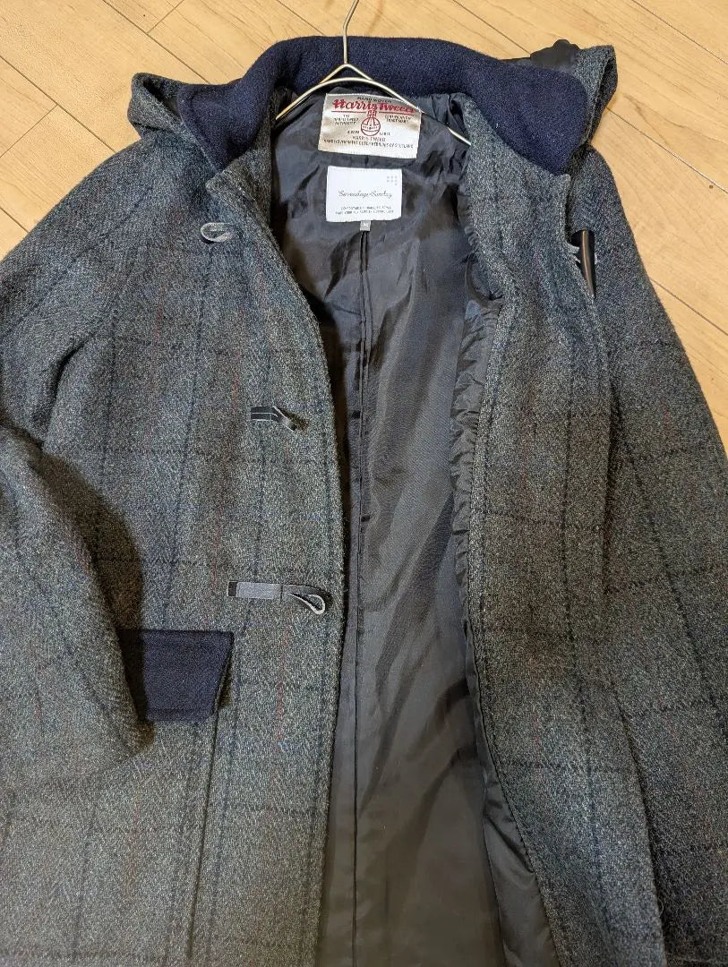 Beautiful condition ✨️ Harris Tweed Long Coat Duffle Coat Tweed Checkered Pattern