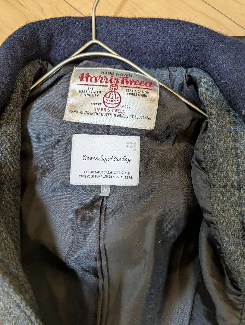 Beautiful condition ✨️ Harris Tweed Long Coat Duffle Coat Tweed Checkered Pattern