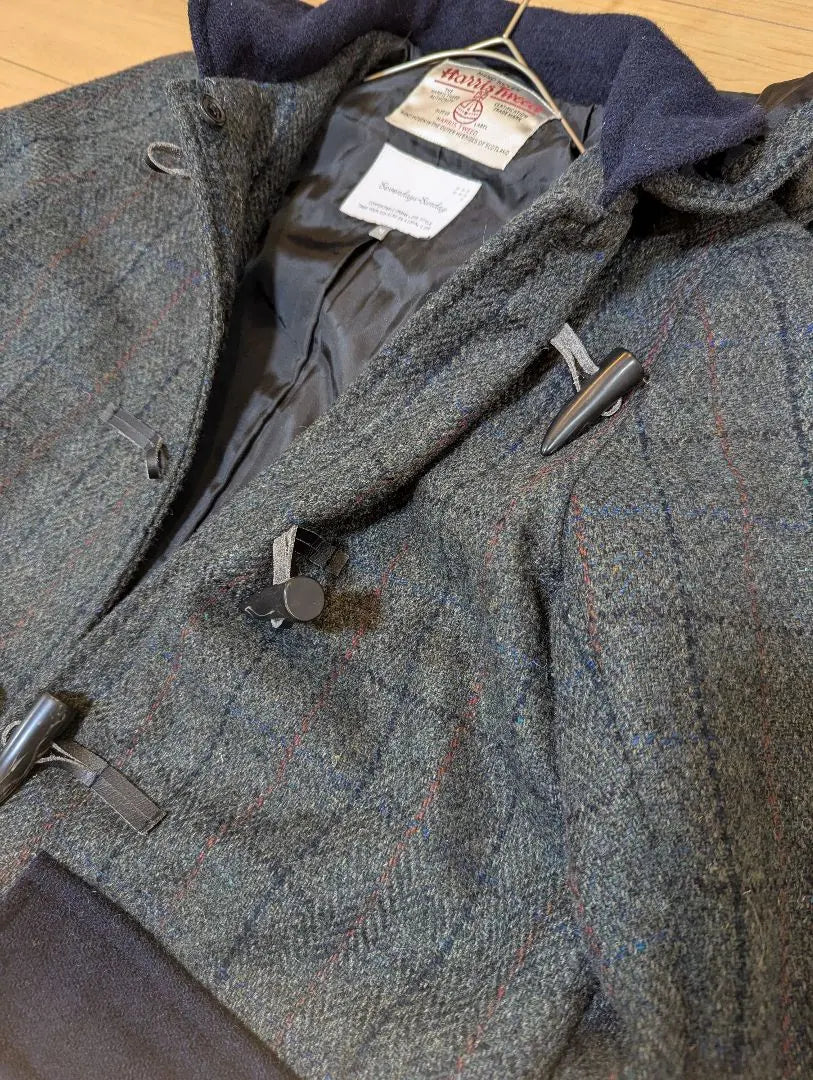 Beautiful condition ✨️ Harris Tweed Long Coat Duffle Coat Tweed Checkered Pattern