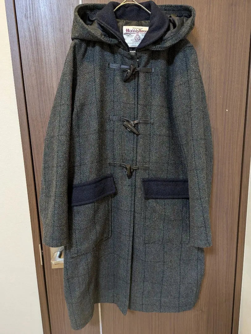 Beautiful condition ✨️ Harris Tweed Long Coat Duffle Coat Tweed Checkered Pattern