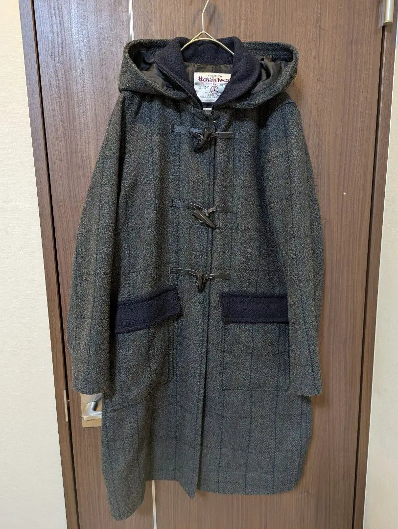 Beautiful condition ✨️ Harris Tweed Long Coat Duffle Coat Tweed Checkered Pattern