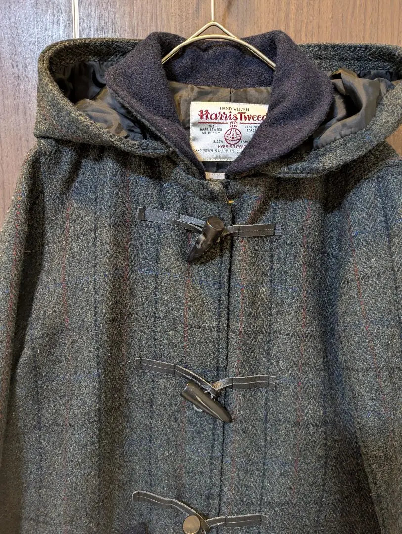 Beautiful condition ✨️ Harris Tweed Long Coat Duffle Coat Tweed Checkered Pattern