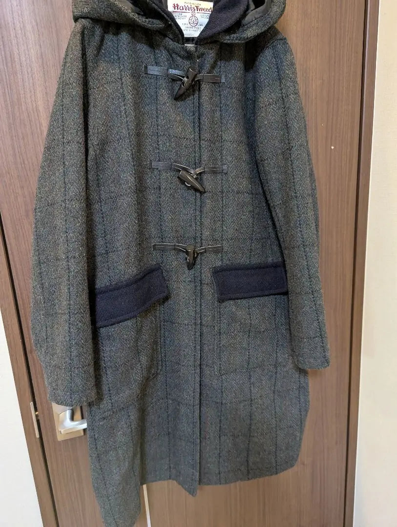 Beautiful condition ✨️ Harris Tweed Long Coat Duffle Coat Tweed Checkered Pattern