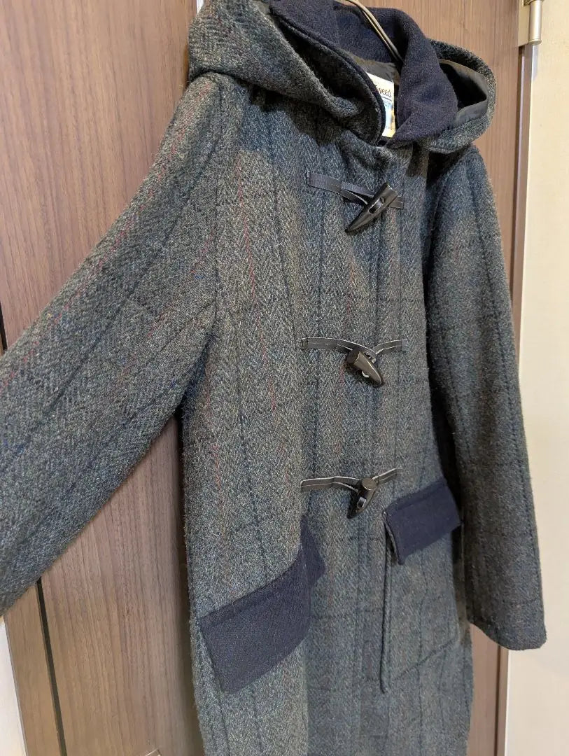 Beautiful condition ✨️ Harris Tweed Long Coat Duffle Coat Tweed Checkered Pattern