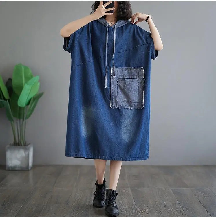 [Large size] Women's denim dress, spring, summer, autumn, new, short sleeve, hoodie