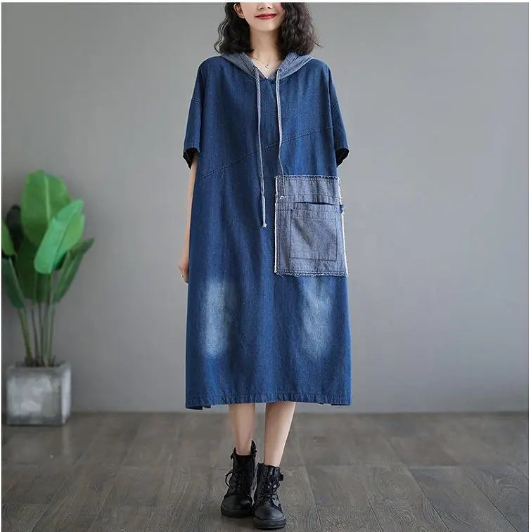 [Large size] Women's denim dress, spring, summer, autumn, new, short sleeve, hoodie