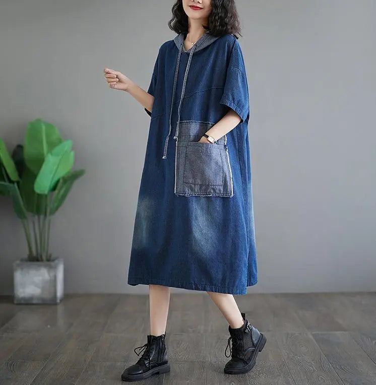 [Large size] Women's denim dress, spring, summer, autumn, new, short sleeve, hoodie