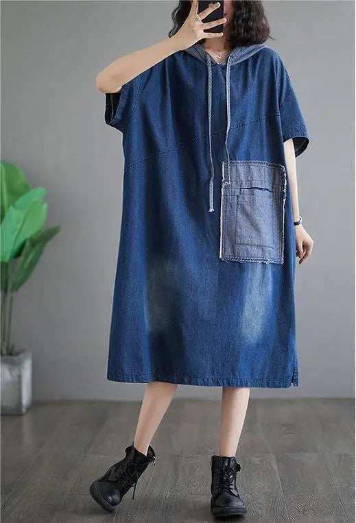 [Large size] Women's denim dress, spring, summer, autumn, new, short sleeve, hoodie