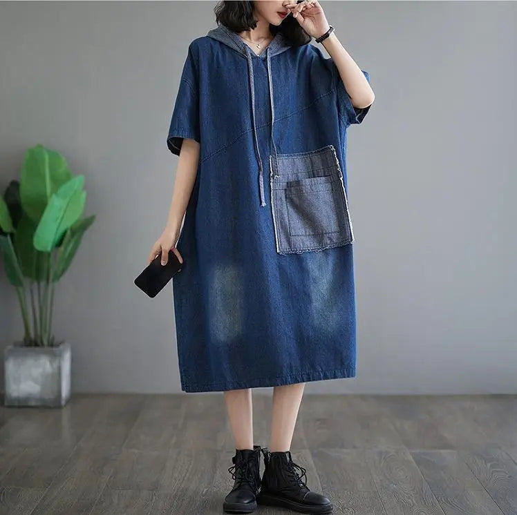 [Large size] Women's denim dress, spring, summer, autumn, new, short sleeve, hoodie