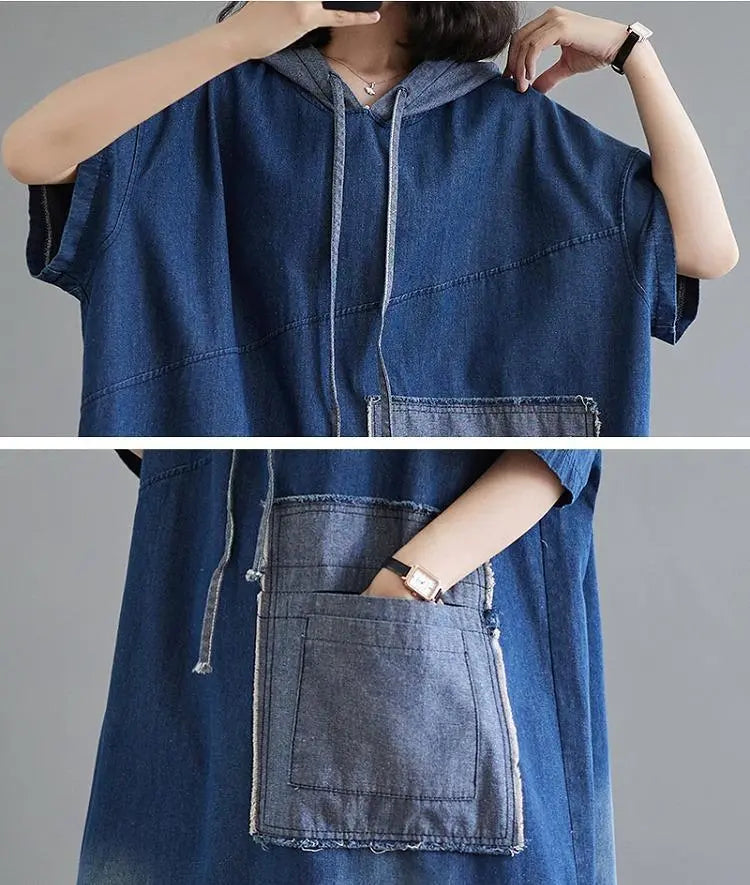 [Large size] Women's denim dress, spring, summer, autumn, new, short sleeve, hoodie