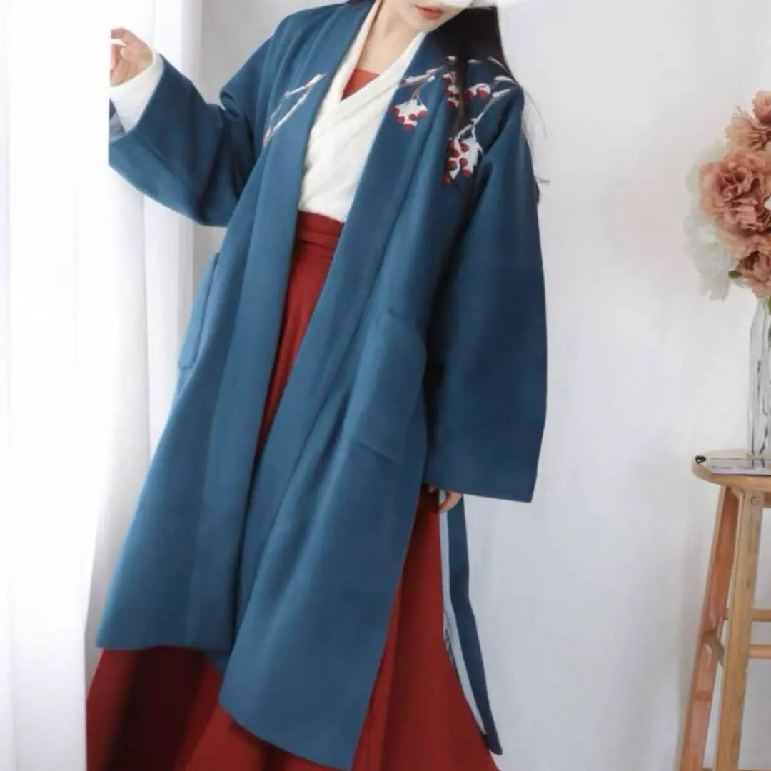 Abrigo largo de la dinastía Song con bordado jaspeado Abrigo largo azul Otoño/invierno Hanfu Traje tradicional chino Kimono Yukata