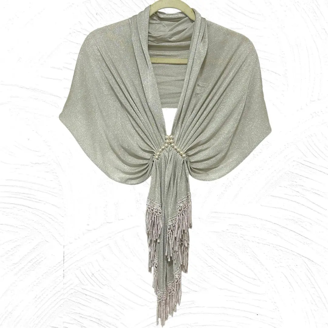 Glittered stole, fringe, pearl, gray, wedding, party, after-party