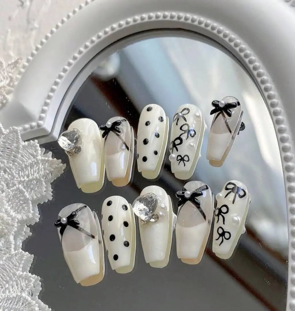 Nail tips, nail art, fake nails, coffin, French, dots, polka dots, ribbon, white