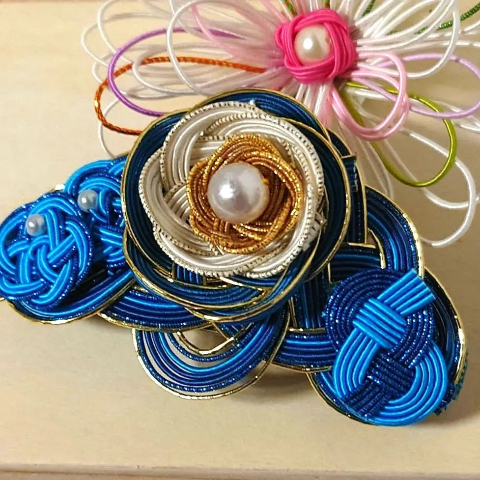 #Mizuhiki TA Handmade Japanese Barrette Blue and Gold