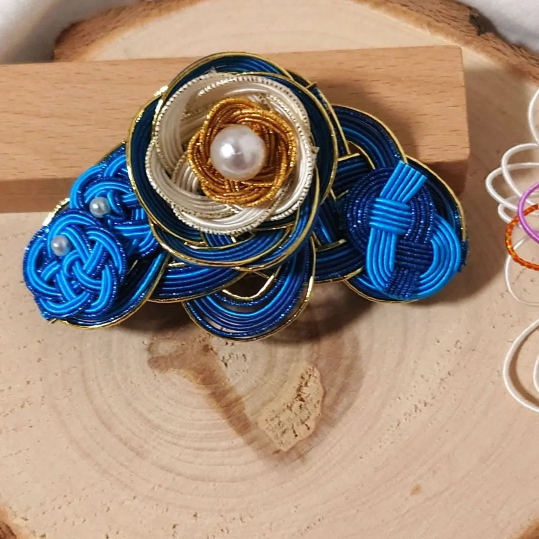 #Mizuhiki TA Handmade Japanese Barrette Blue and Gold