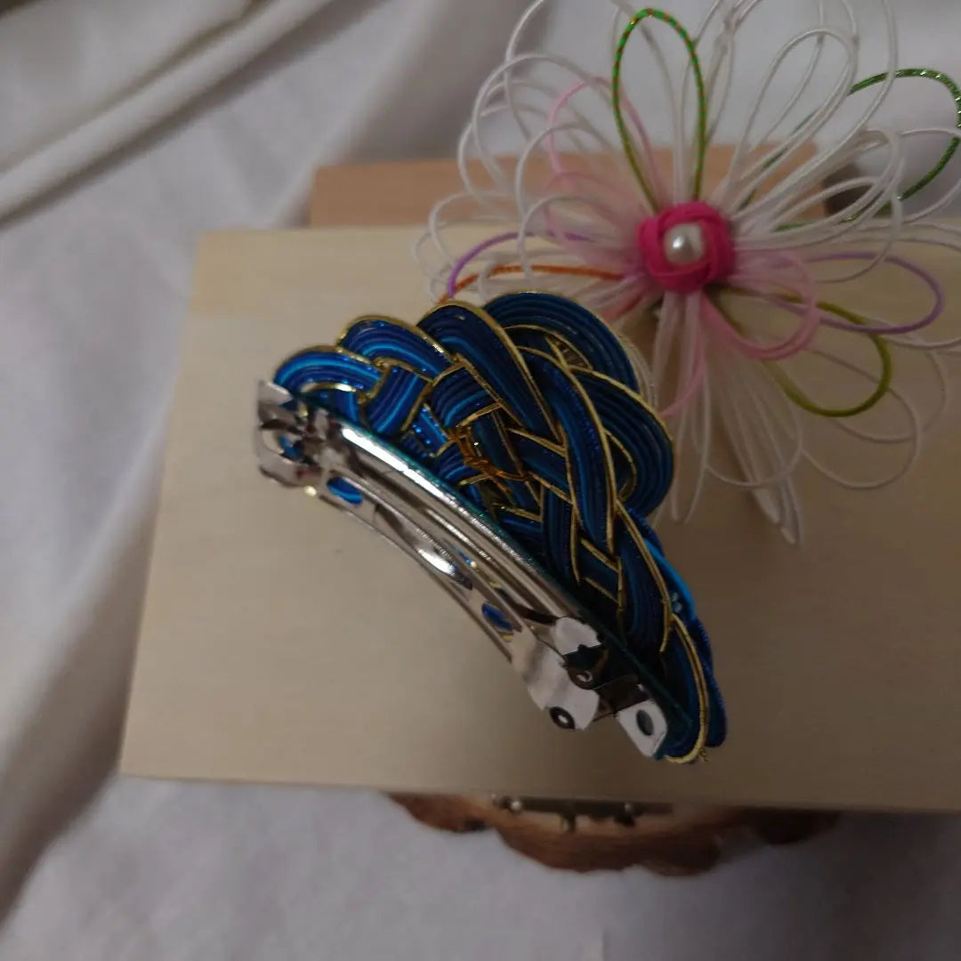 #Mizuhiki TA Handmade Japanese Barrette Blue and Gold