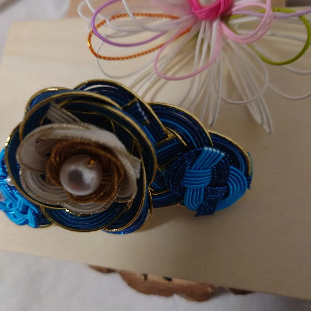 #Mizuhiki TA Handmade Japanese Barrette Blue and Gold