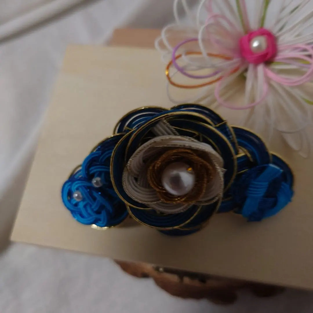 #Mizuhiki TA Handmade Japanese Barrette Blue and Gold