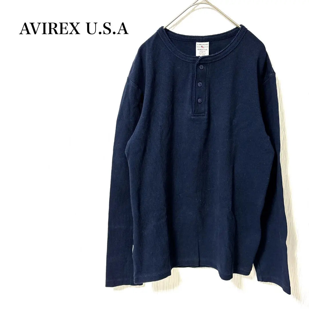 [Avirex USA] Long sleeve cut and sew XL Henley neck navy blue