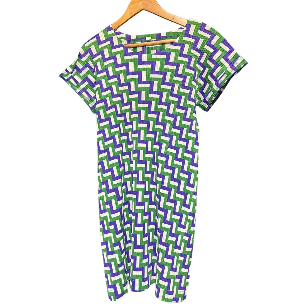 PLEATS PLEASE Short sleeve dress, all over pattern, purple x green x white