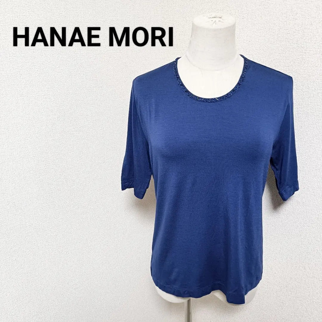 Top de punto de manga corta con cuello redondo y mezcla de cachemira Hanaemori Bijou Navy M