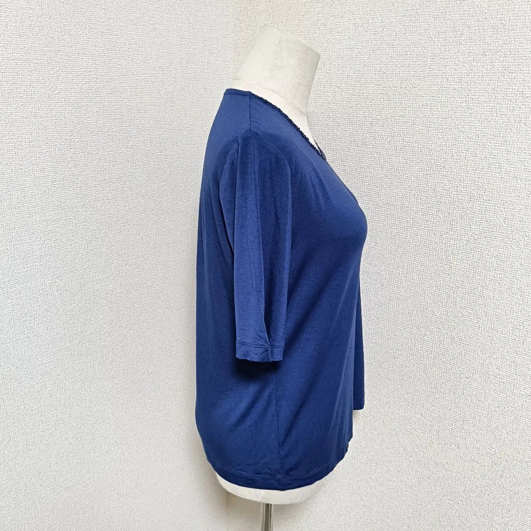 Top de punto de manga corta con cuello redondo y mezcla de cachemira Hanaemori Bijou Navy M