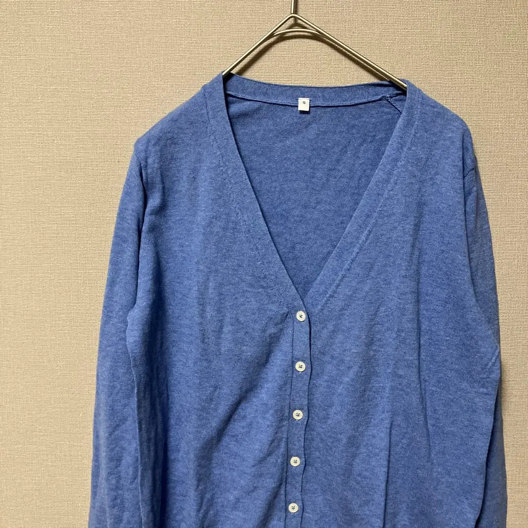 MUJI Cotton Knit Cardigan (S) Simple Blue Plain V-neck High Gauge