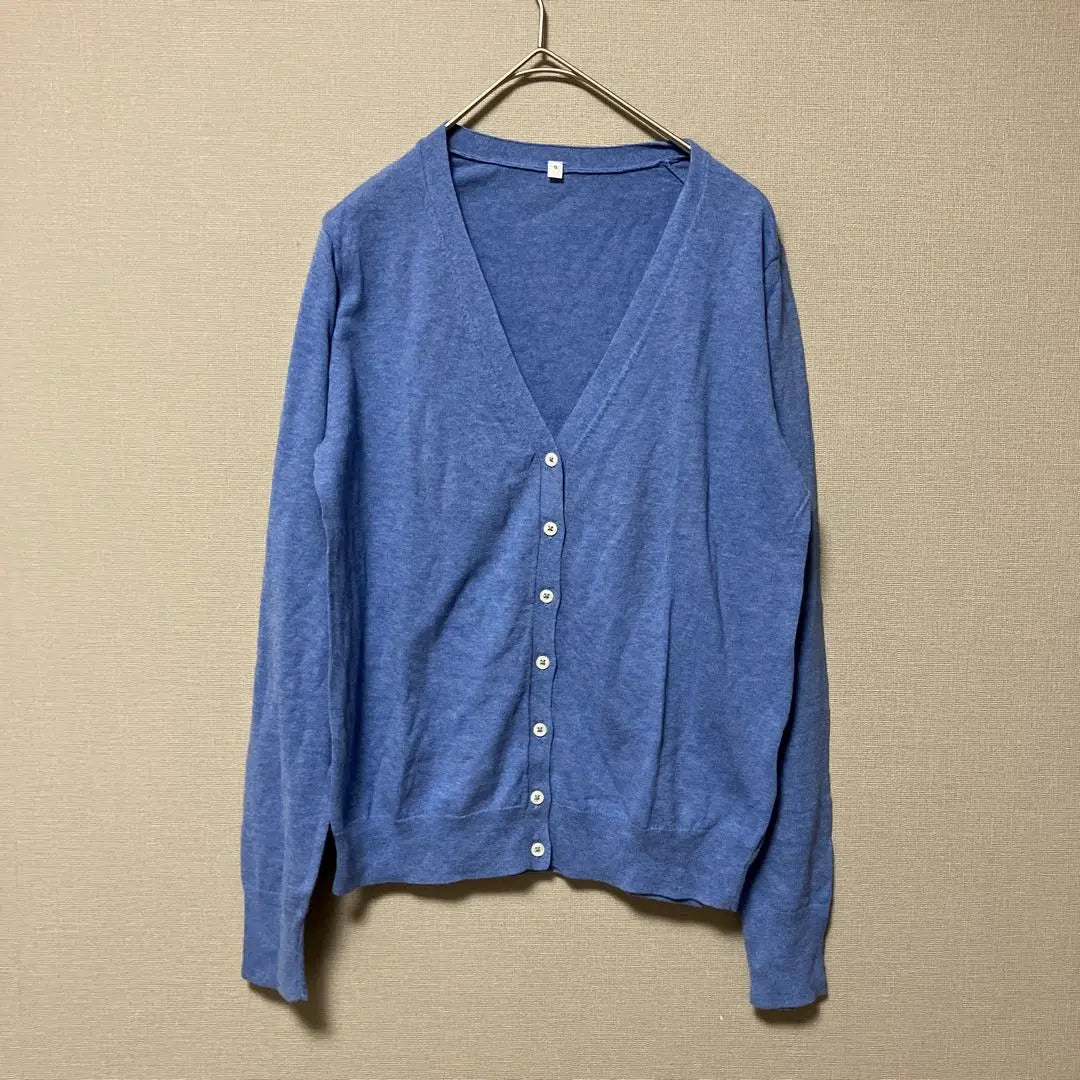 MUJI Cotton Knit Cardigan (S) Simple Blue Plain V-neck High Gauge