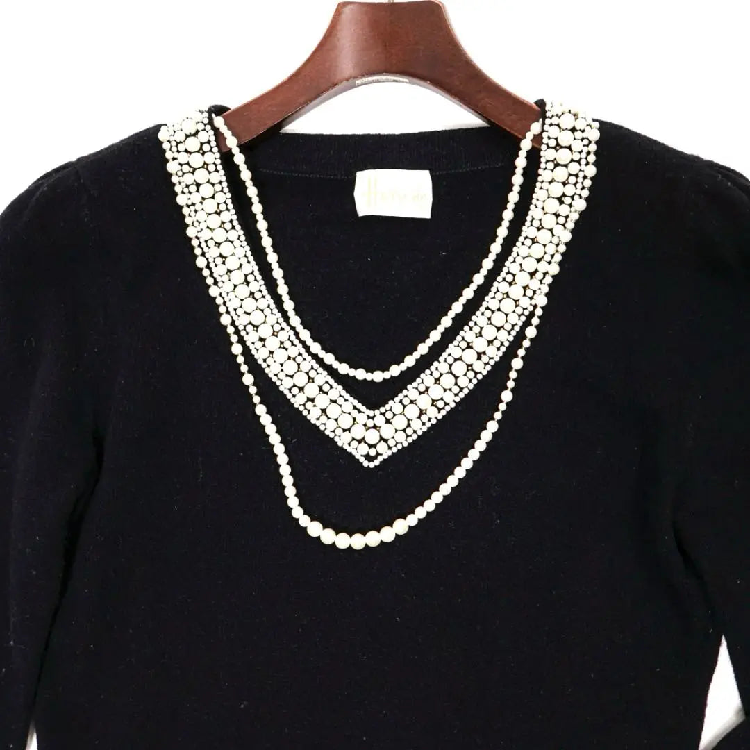 E7467-57◾️Suéter de cuello en V con collar de perlas bordadas de Harrods Pearl