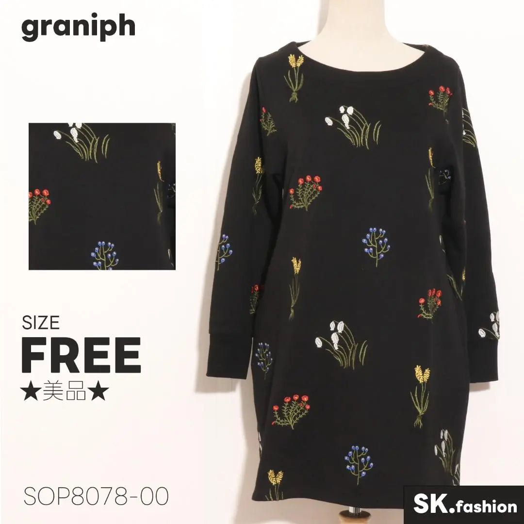 ★ Beautiful goods ★ Graniftops Tops with long -sleeved floral pattern embroidery with both sides pockets | ★美品★ グラニフ トップス　チュニック　長袖　花柄　刺繍　両サイドポケット付き