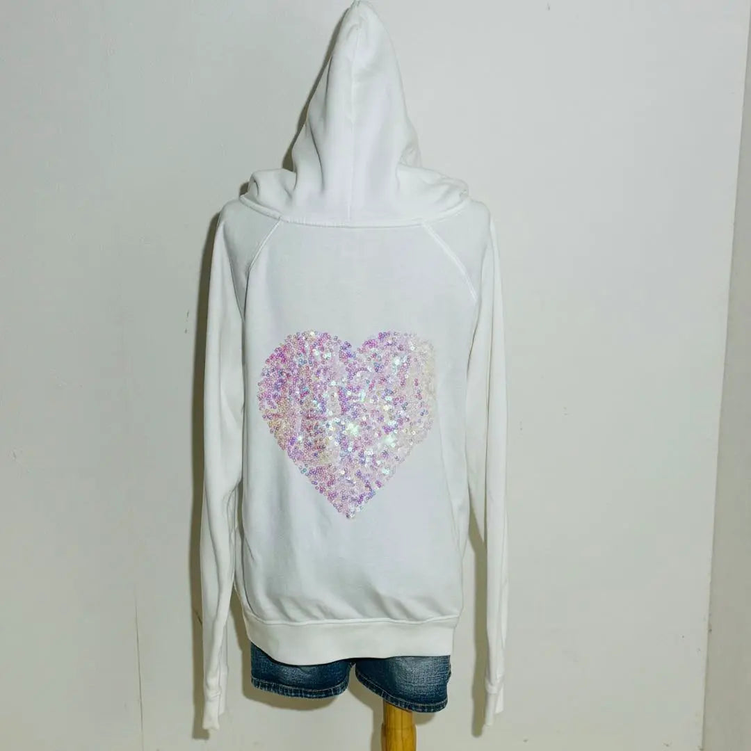 Forever 21 Long Sleeve Hoodie Back Heart Sequins White M Size