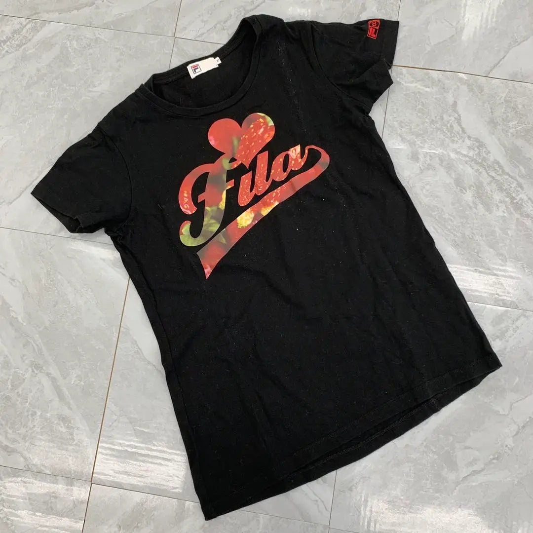 FILA T -shirt Black Front logo short sleeve cotton M size ladies