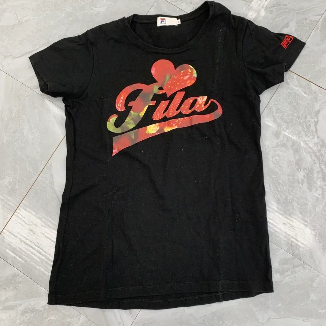 FILA T -shirt Black Front logo short sleeve cotton M size ladies