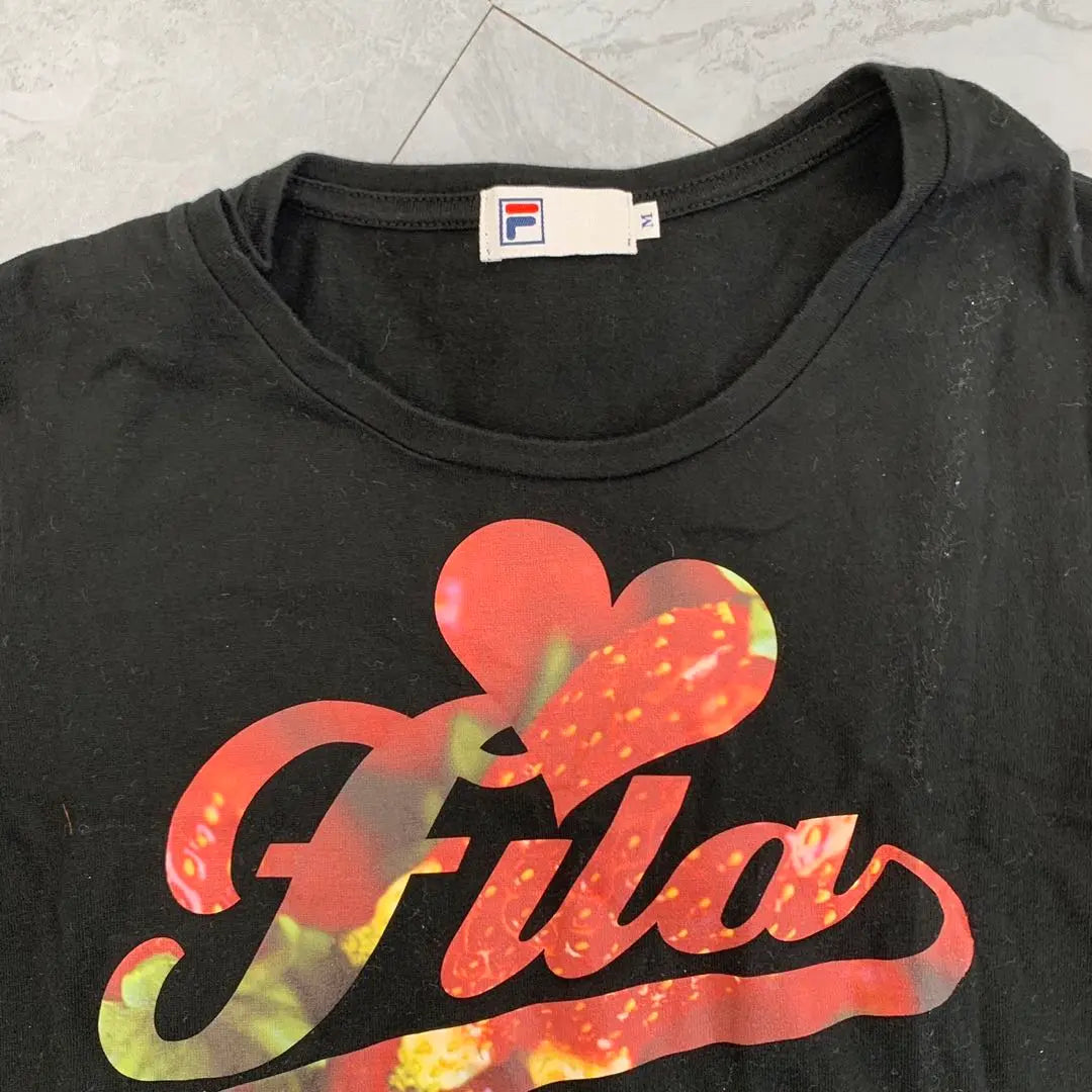 FILA T -shirt Black Front logo short sleeve cotton M size ladies