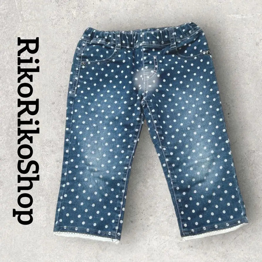 Kids Denim Dot Pattern Pants, 3/4 Length Trousers, Lace Hem (120)