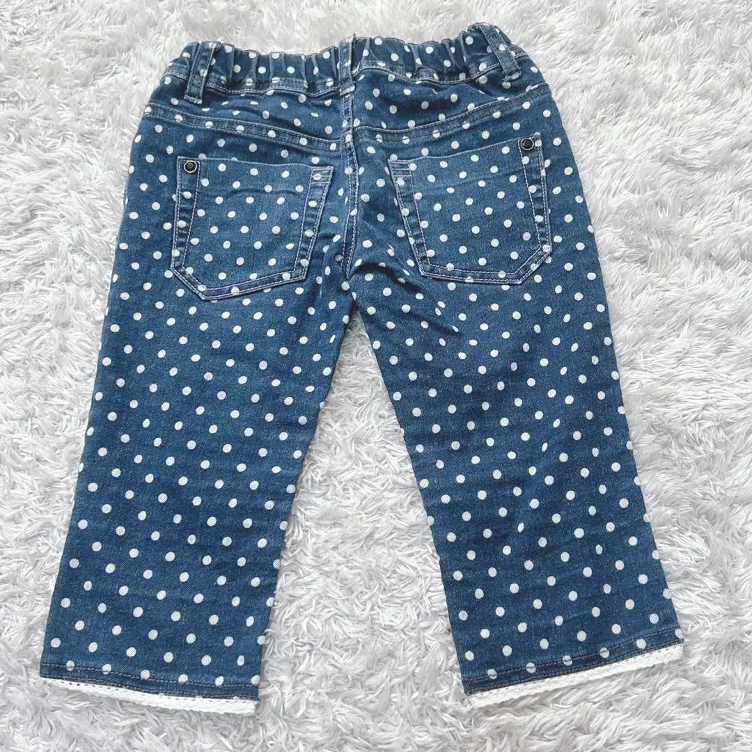 Kids Denim Dot Pattern Pants, 3/4 Length Trousers, Lace Hem (120)