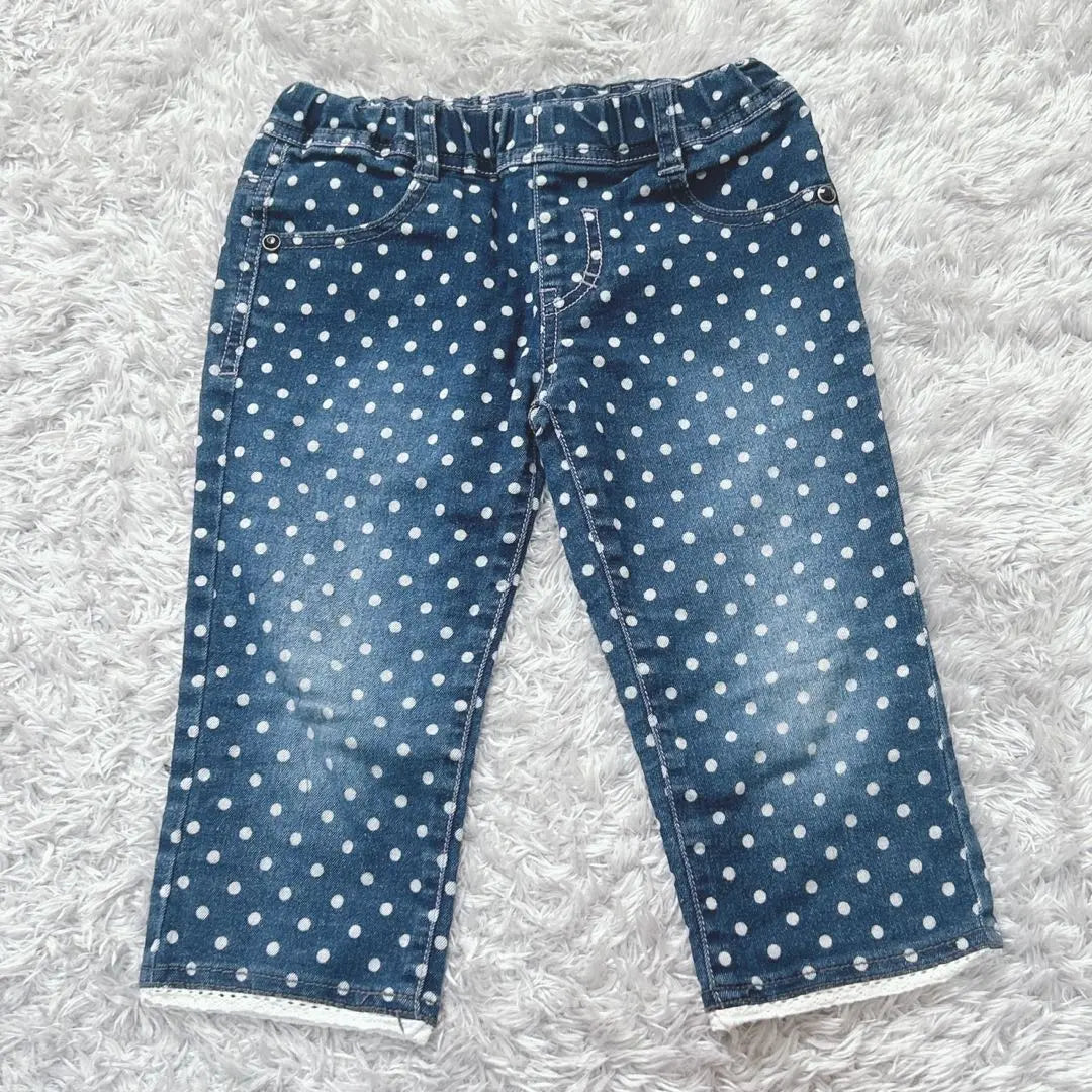 Kids Denim Dot Pattern Pants, 3/4 Length Trousers, Lace Hem (120)